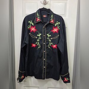 Black Western Shirt with Red Floral Embroidery Pearl Snap Cowboy Rodeo Shirt XL